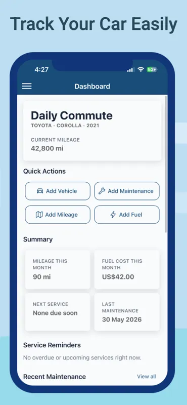 Carzo vehicle overview with maintenance summary