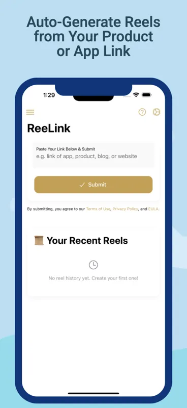 ReeLink home screen for creating a reel from a link or prompt
