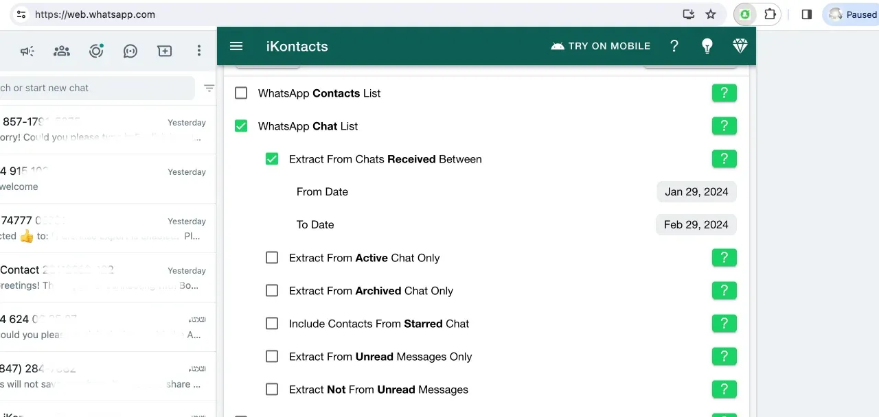 iKontacts Chrome extension panel for WhatsApp Web contact export