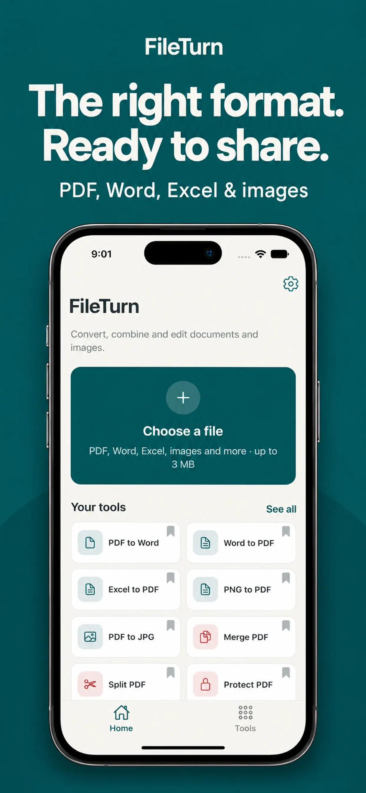 FileTurn home screen with pinned PDF and document conversion tools