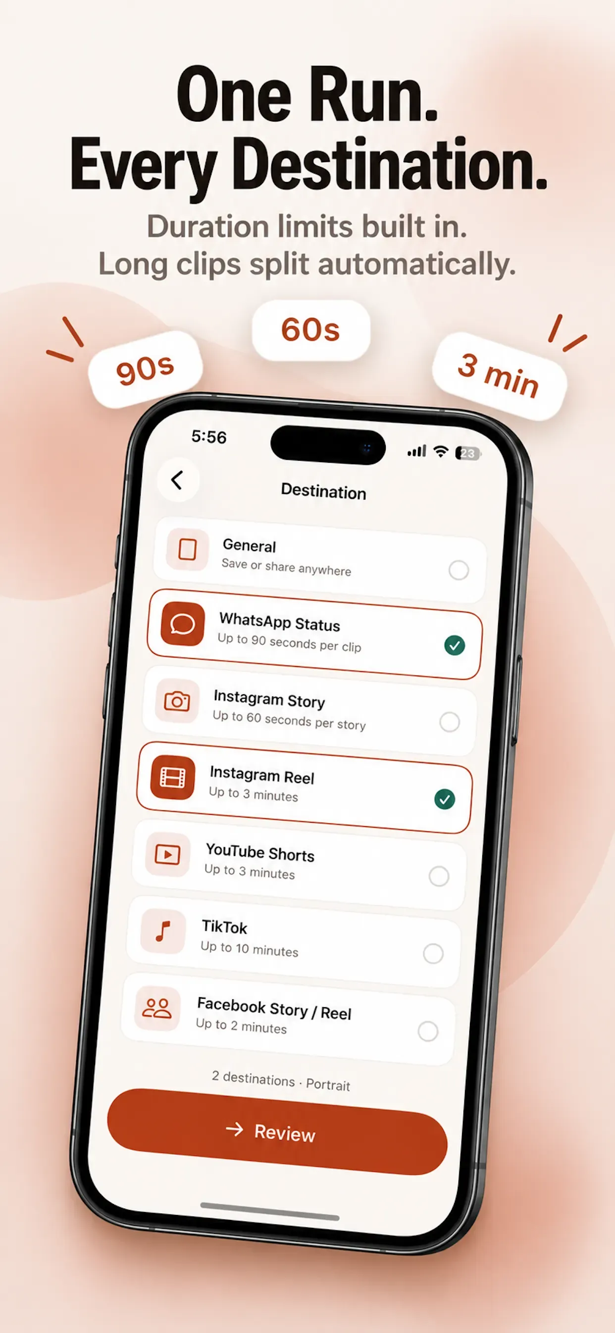 ReadyPost destination picker for Stories, Reels, and Shorts