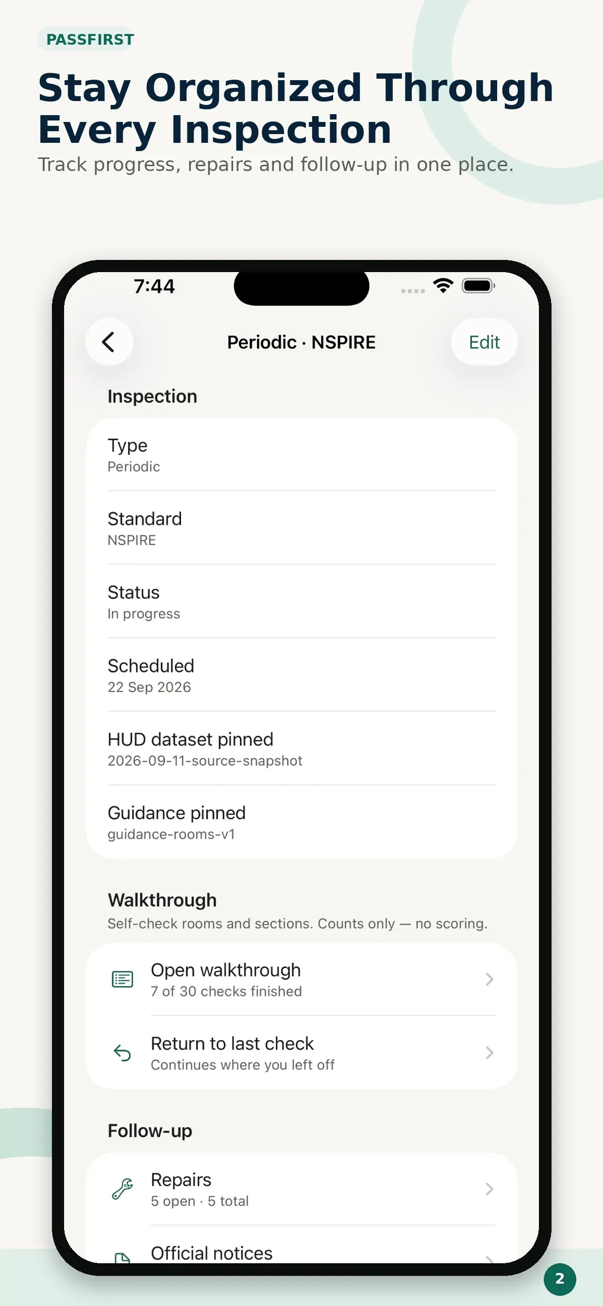 PassFirst room-by-room checklist with status options