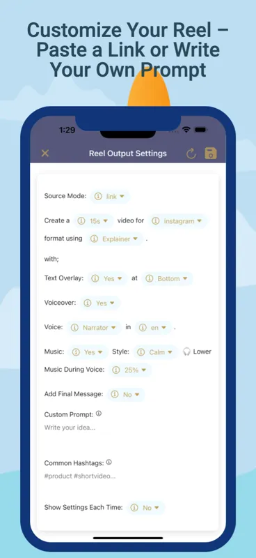 ReeLink settings for duration, overlays, and reel customisation