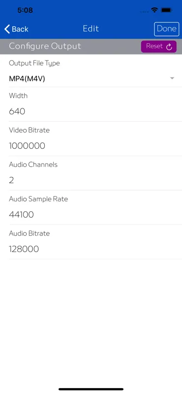 vSave video property editor showing format and bitrate controls