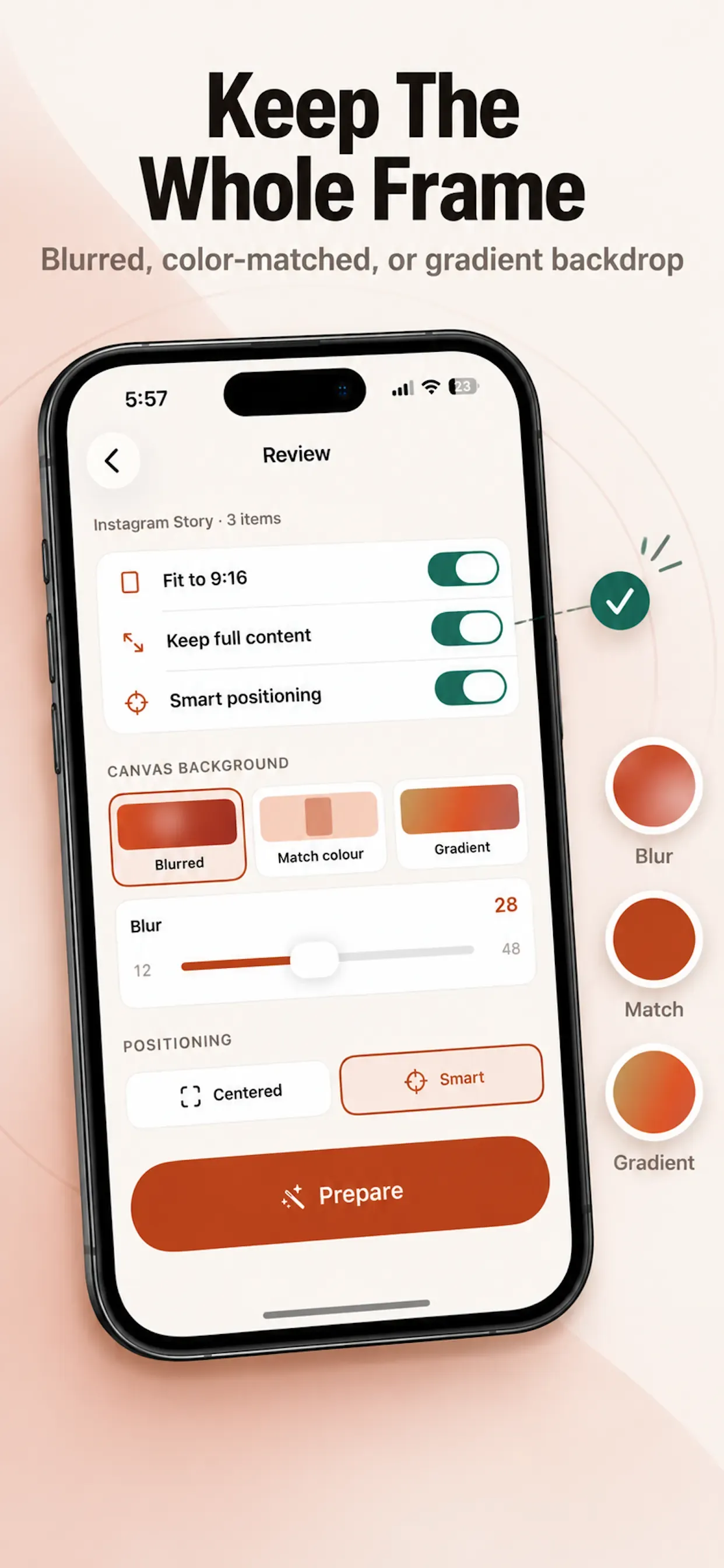 ReadyPost 9:16 canvas with backdrop options