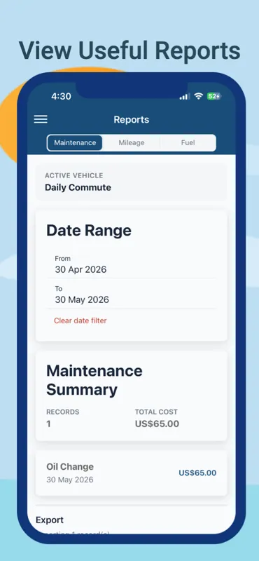 Carzo reports for maintenance, mileage, and fuel