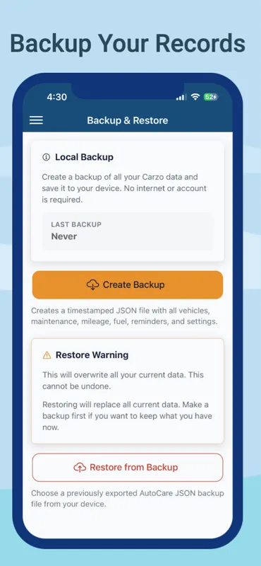 Carzo local backup and restore options