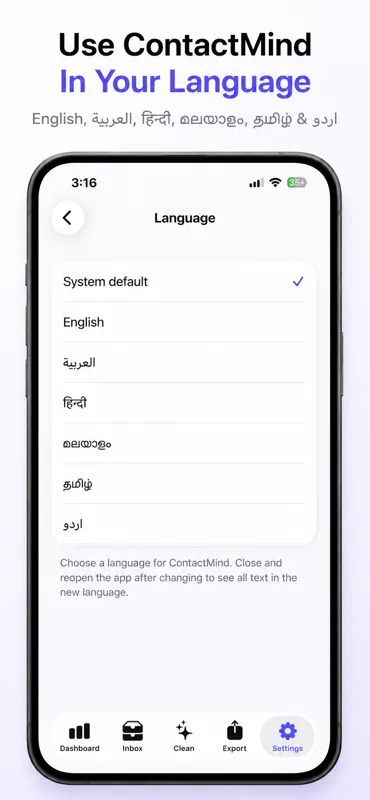 ContactMind language and premium options overview