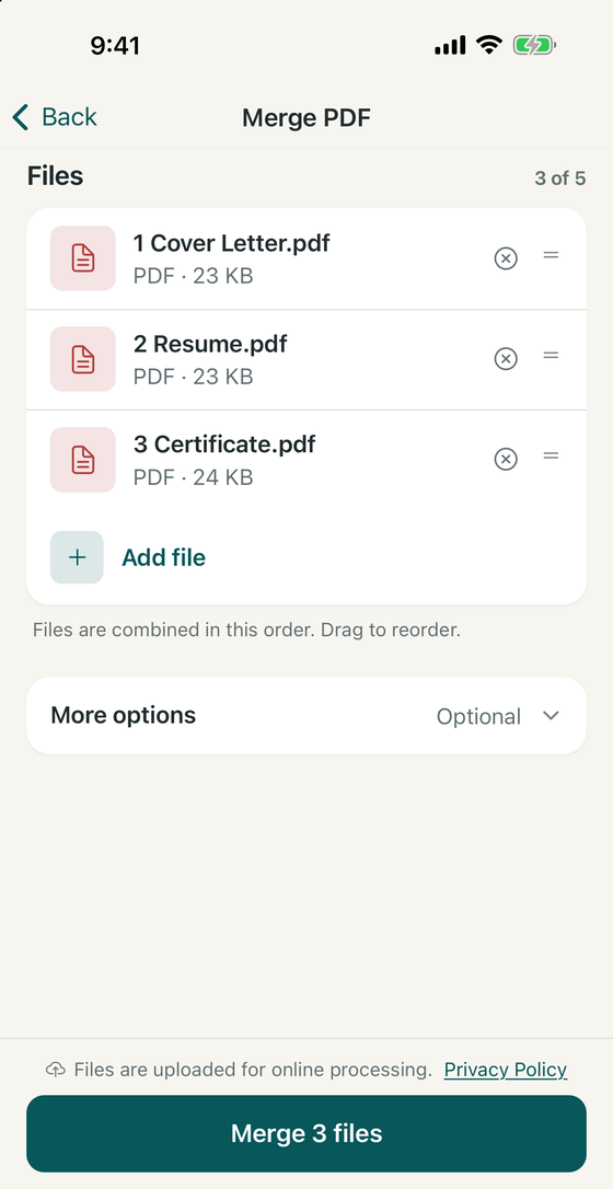 FileTurn Merge PDF screen listing three PDFs in order, with the Merge 3 files button