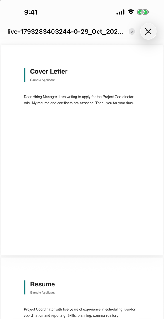 The merged PDF opened in FileTurn, showing the cover letter followed by the resume