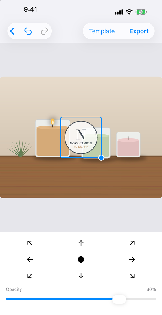Markora editor with the nine-position grid open under a product photo